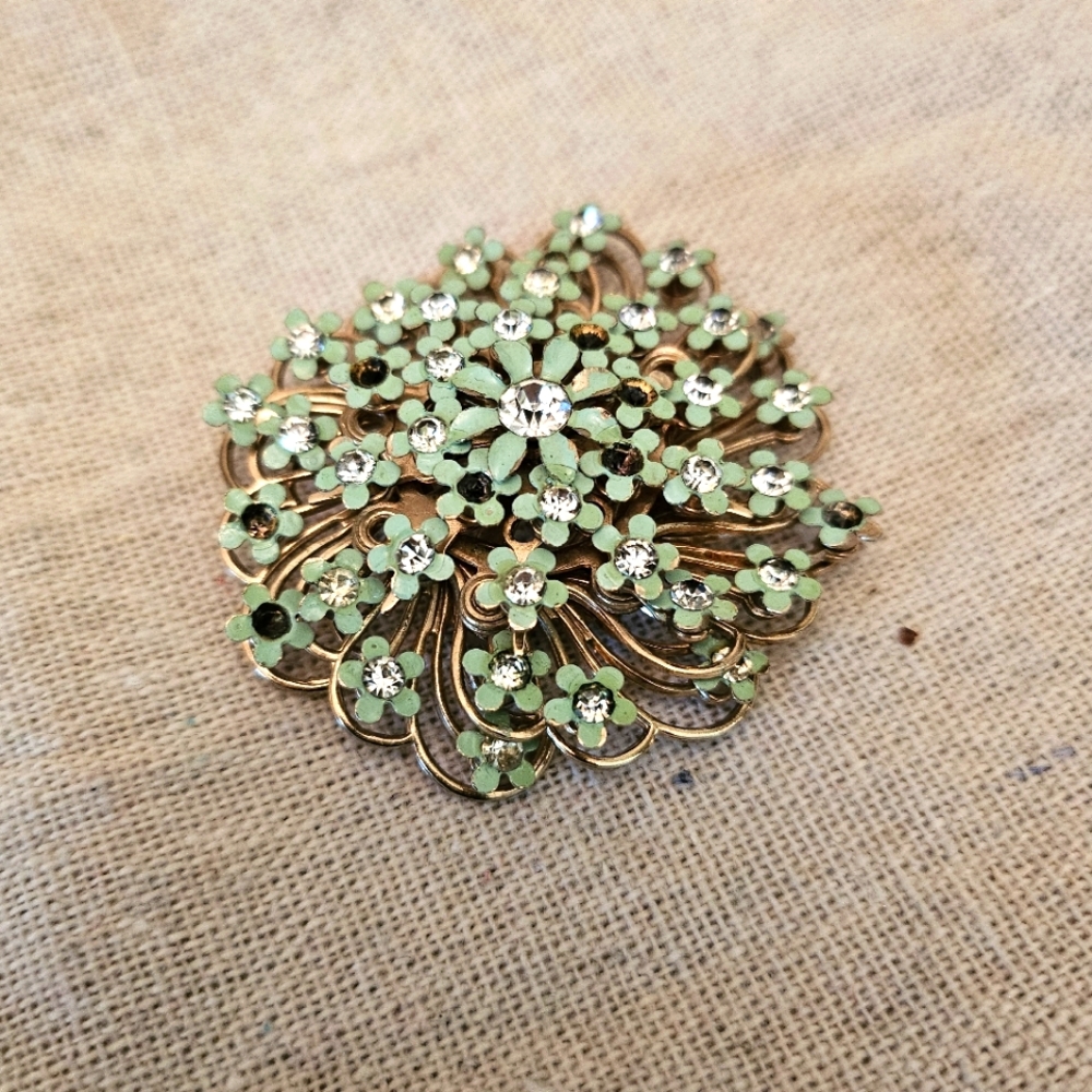 Vintage Embellished Gold & Turquoise Motion Flower Brooch | Size OS